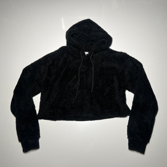 Favlux Black Soft Fuzzy Polyester Crop Hoodie Womens Size L - Picture 1 of 3